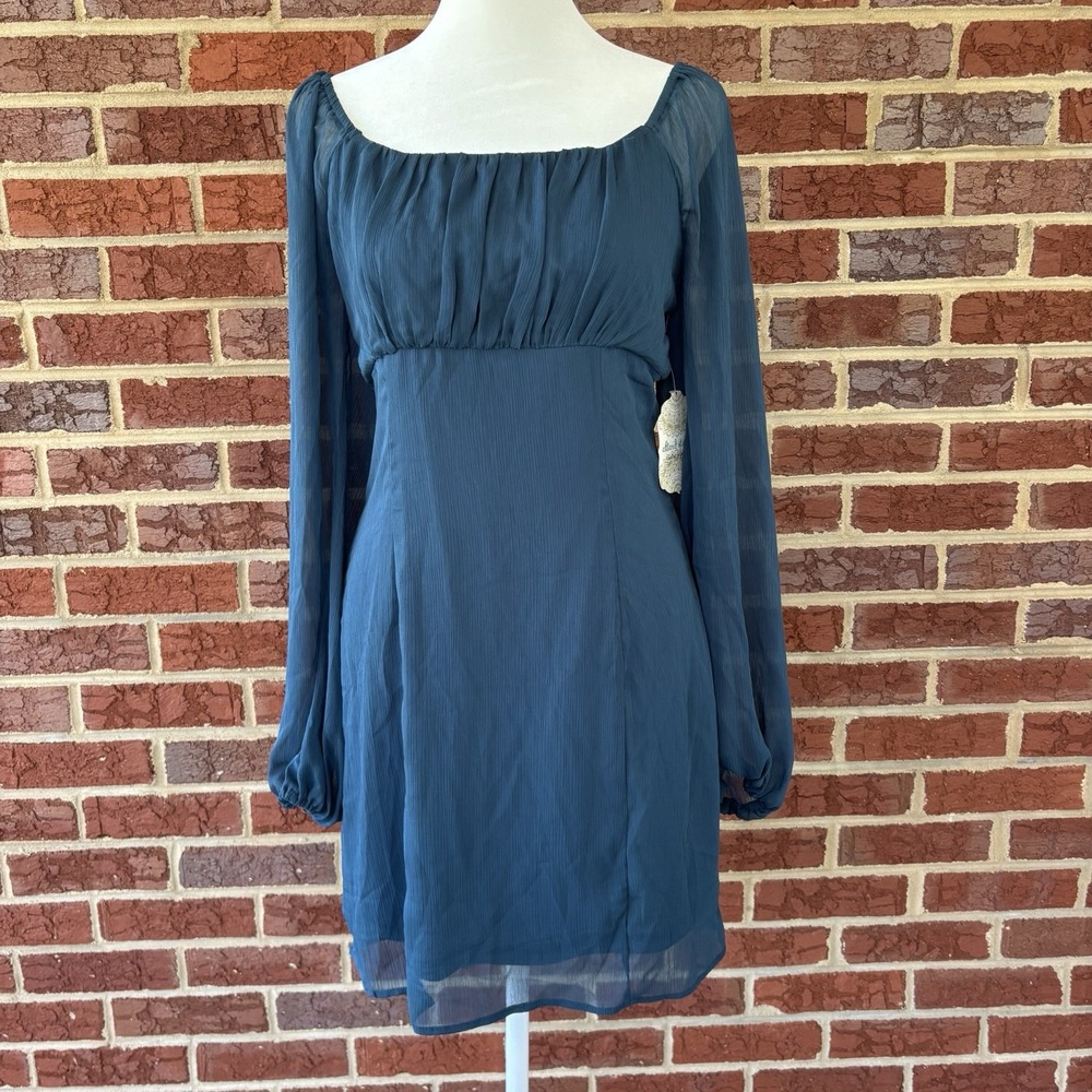 Altar'd State Blue Green Off the Shoulder Mini Dress Women's M Long Sleeve Sheer